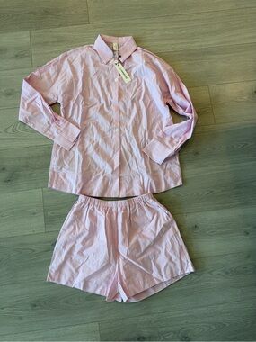 Commense cotton beach two piece short set with long sleeve button down in pink